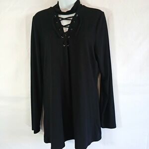 Torrid top black ribbed knit mock neck lace-up long sleeve sz 2 work casual